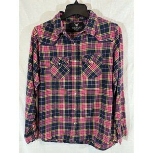 Wilful Wear Women’s Large Long Sleeve Pink Plaid Cotton Snap Front Shirt